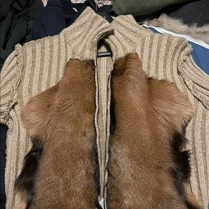 Men's Tan Cardigan Sweater with Fur Detail